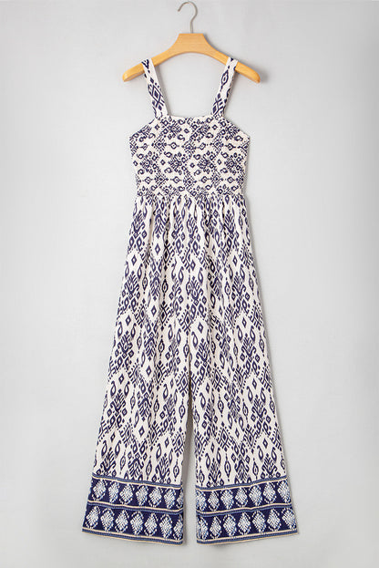Blue Boho Geometric Print Smocked High Waist Wide Leg Jumpsuit