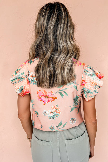 Pink Floral Print Frill V Neck Pleated Sleeve Blouse