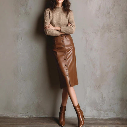 Women’s Faux Leather High-Waisted Bodycon Midi Skirt