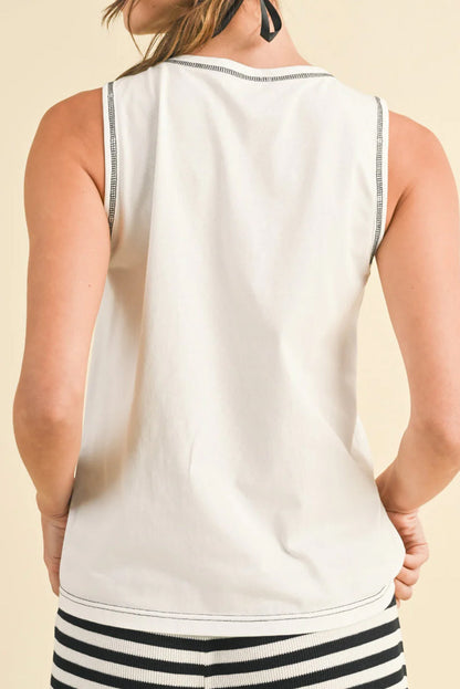White Sweet Bow Stitching Trim Sleeveless Top