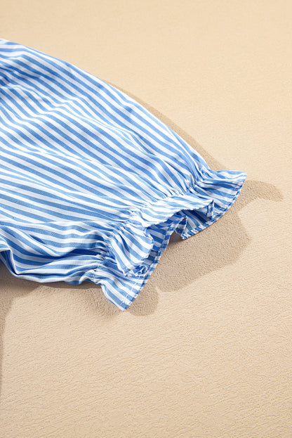 Sky Blue Stripe Bubble Sleeve Scallop Tiered Dress