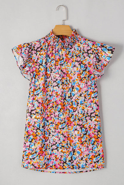 Orange Floral Print Shirred Stand Neck Flutter Shoulder Blouse