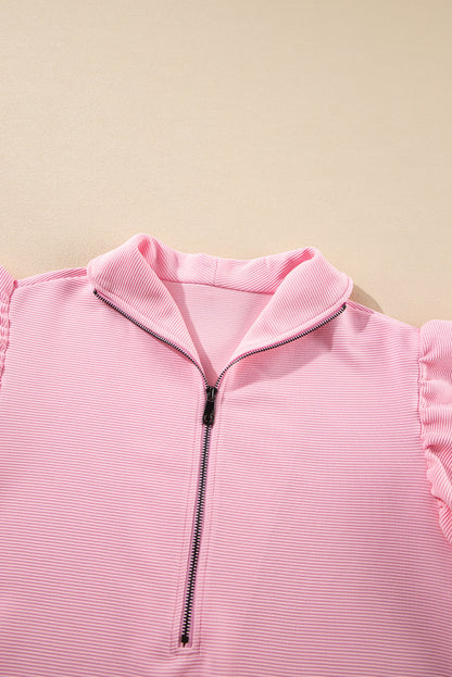 Pink Textured Ruffle Sleeve Zipped Top and Wide Leg Pants Set