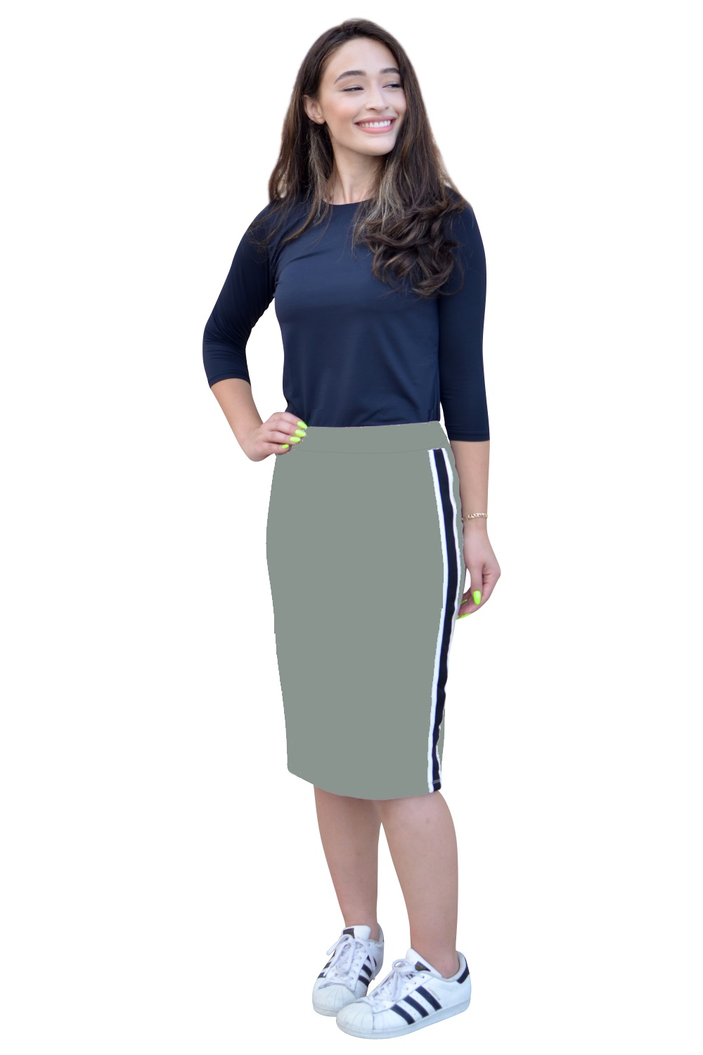 Sporty Side Stripe French Terry Knee-Length Skirt in Cotton Spandex
