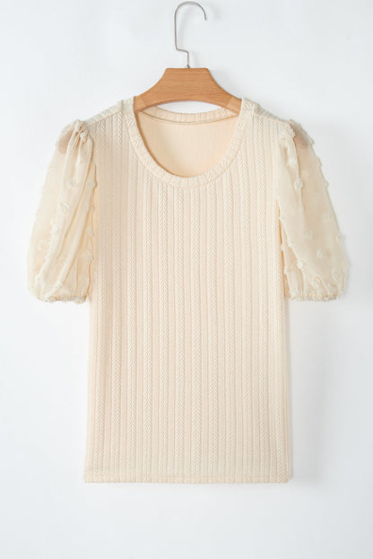 Apricot Polka Dot Mesh Puff Sleeve Textured Blouse