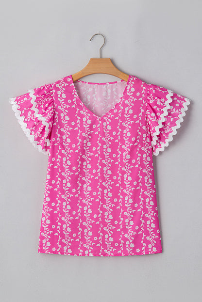 Pink Floral Print Ric-rac Tiered Ruffled V Neck Blouse