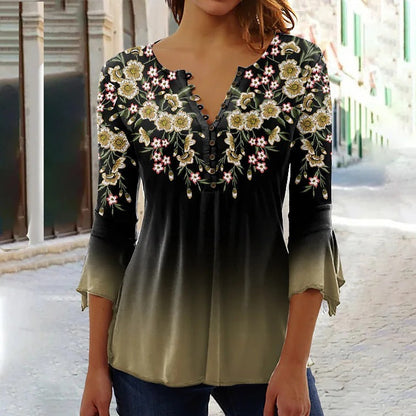 Women’s V-Neck 3/4 Sleeve Button-Front Tunic Blouse