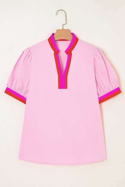 Contrast Stripe V-Neck Short Puff Sleeve Blouse