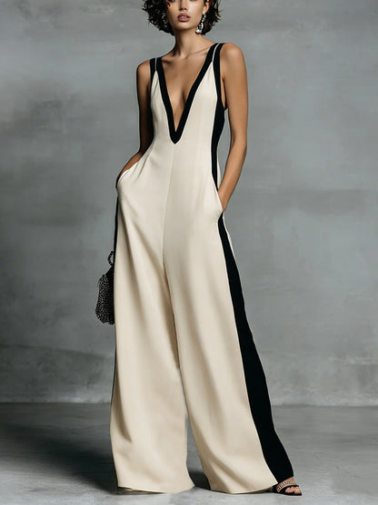 Women's Color-Block Sleeveless V-Neck Wide-Leg Jumpsuit – French Style Long Pants
