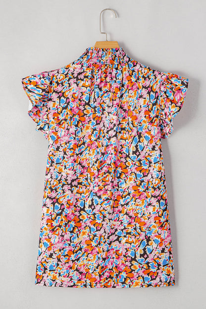 Orange Floral Print Shirred Stand Neck Flutter Shoulder Blouse