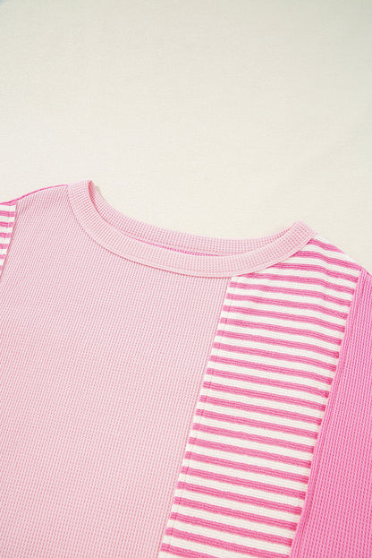 Pink Stripe Waffle Patchwork Loose T-Shirt