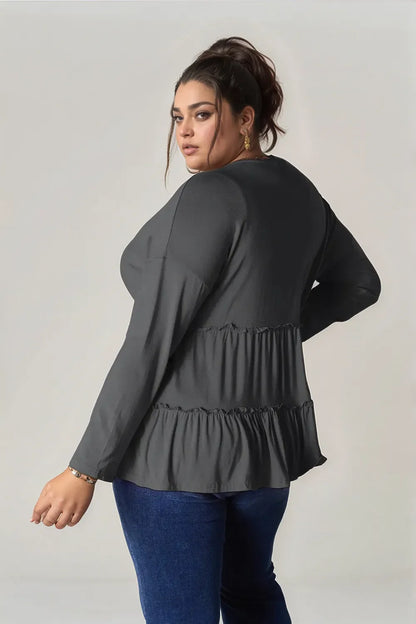 Double Take Half Button Long Sleeve Ruffle Hem Blouse