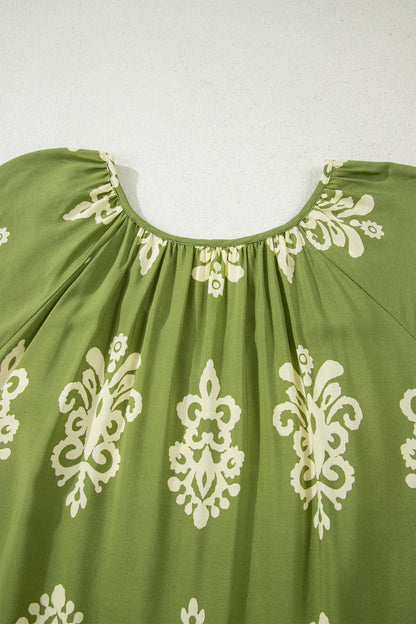Yellow Boho Chic Notched V Neck Plus Floral Short Sleeve Top