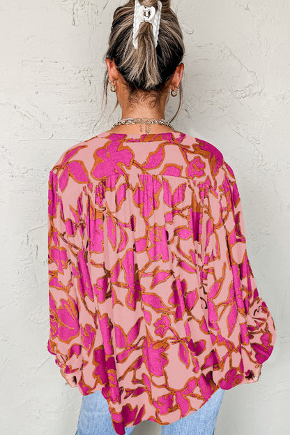 Blue Floral Print Batwing Sleeve Buttoned Loose Fit Shirt