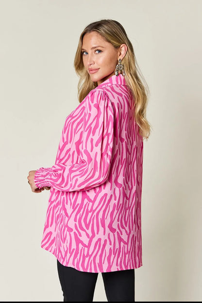 Double Take Full Size Printed Smocked Long Sleeve Blouse Plus Size