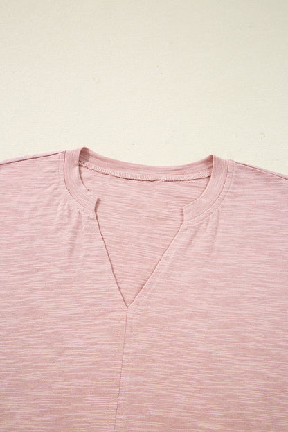 Light Pink Keyhole Notch V Neck Batwing Sleeve Blouse