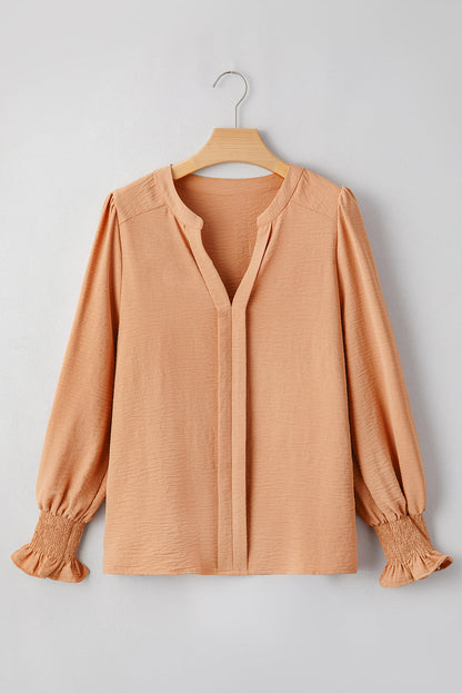 Straw Yellow Solid Shirred Cuff Notch V Neck Blouse