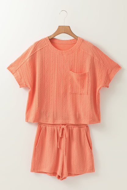 Jet Stream Textured Patched Pocket Short Sleeve Top Drawstring Shorts Set