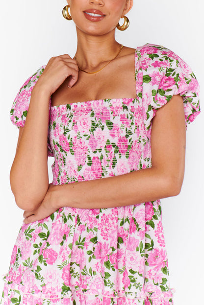 Pink Dainty Floral Smocked Puff Sleeve Flowy Long Dress