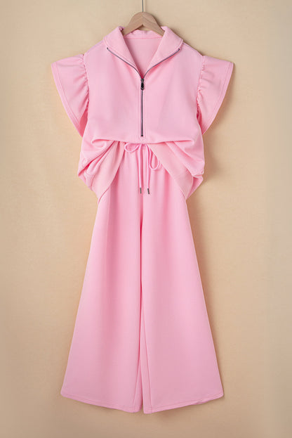 Pink Textured Ruffle Sleeve Zipped Top and Wide Leg Pants Set