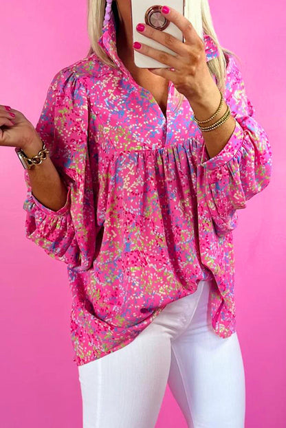 Orange Abstract Print Collared V Neck Babydoll Blouse