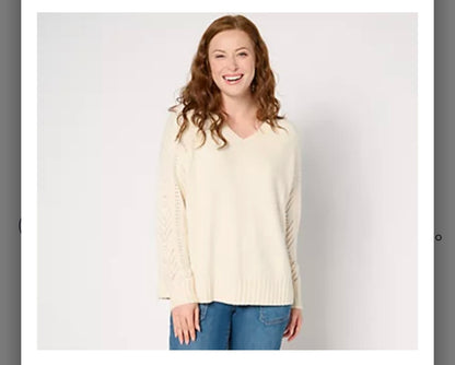Denim & Co. Heritage Raglan V-Neck Sweater with Pointelle