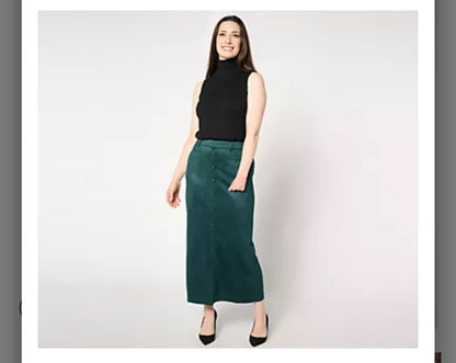 Isaac Mizrahi Live! Regular Estate Stretch Faux Suede Midi Skirt. Black/XXL