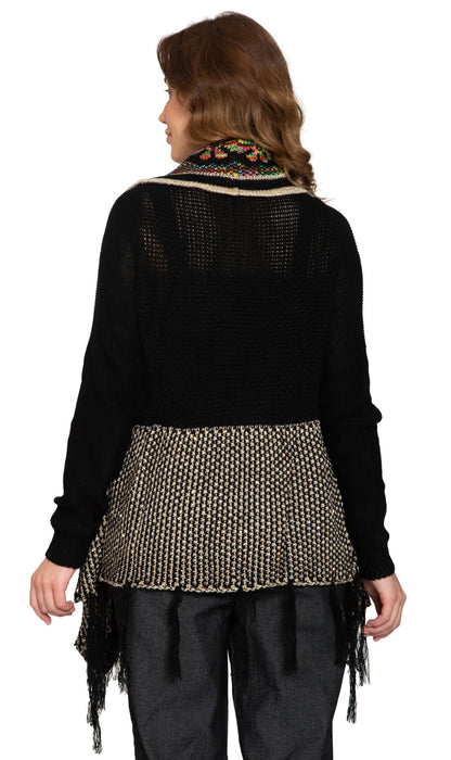 Women's Fringed Jacquard Weave Open Front Long Cardigan