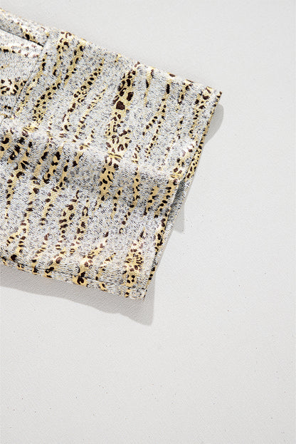 Gray Leopard Print 3/4 Sleeve V Neck Loose Fit T Shirt