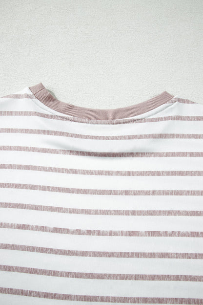 Khaki Stripe Color Block Trim Round Neck Short Sleeve Top