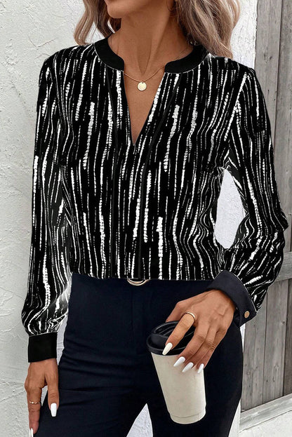 Black Spring and Autumn Abstract Print V-neck Long-sleeve Blouse