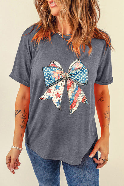 Gray USA Flag Bow Print Round Neck Loose T Shirt