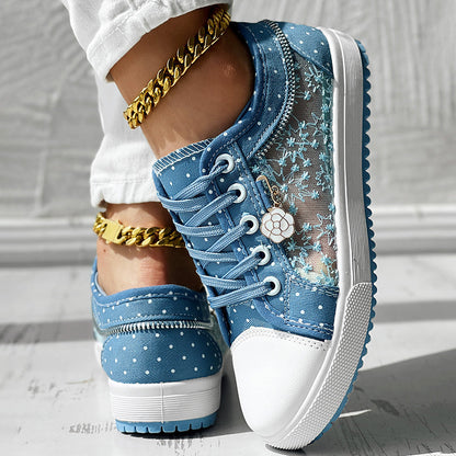 Floral Embroidered Polka Dot Print Sneakers — Women’s Casual Canvas Shoes