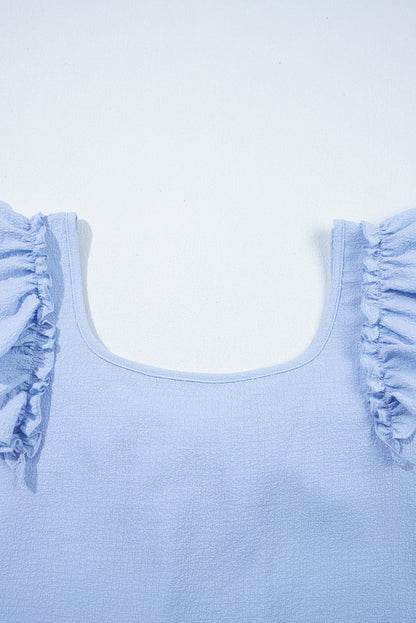 Beau Blue Textured Bow Knot Frilled Butterfly Sleeve Blouse