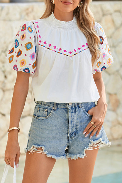 White Geometric Embroidered Smocked Neck Puff Sleeve Top