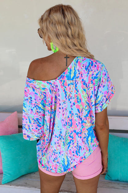Pastel Blue Abstract Floral Print Short Sleeve V Neck T Shirt