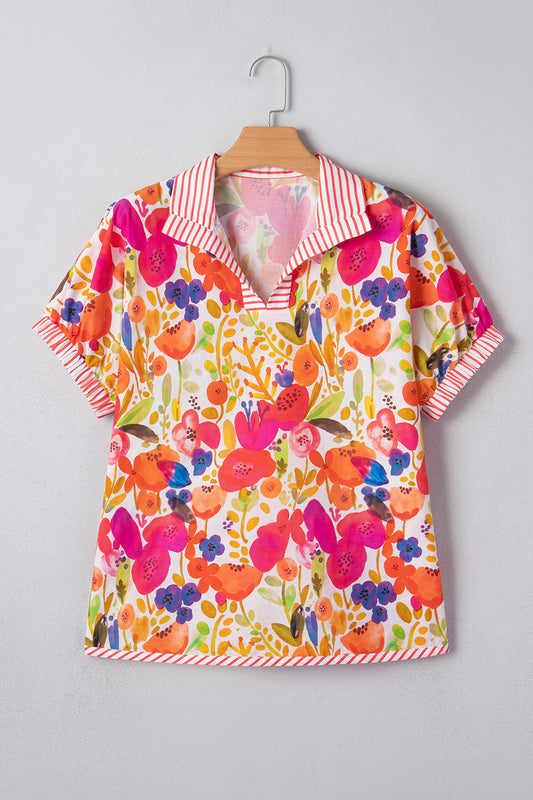 Floral Stripe Trim Collared V-Neck Blouse