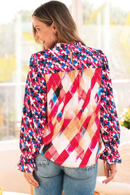Rose Red Abstract Geometric Pattern Patchwork Puff Sleeve Blouse