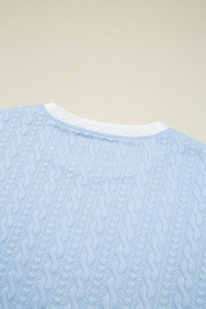 Beau Blue Contrast Trim Textured Crewneck Top and Pocketed Skirt Set