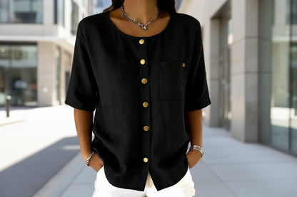 Crew-Neck 3/4 Sleeve Shirt with Metal Buttons – 7 Colors, S–3XL