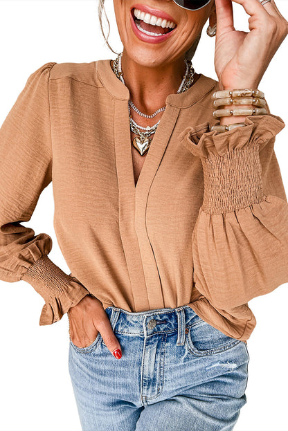 Straw Yellow Solid Shirred Cuff Notch V Neck Blouse