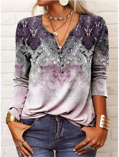 Women's Ethnic Print V-Neck Long Sleeve Loose T-Shirt