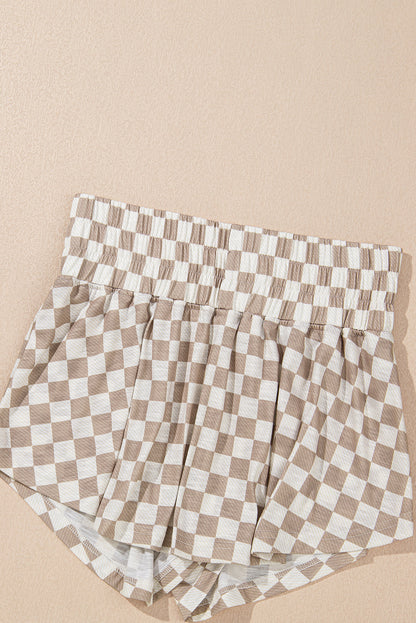 Brown Checkerboard T Shirt and High Waist Skorts Set