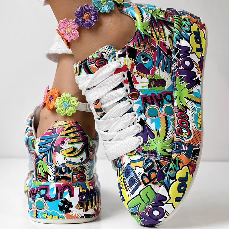 Round-Toe Thick-Sole Lace-Up Sneakers — Women’s Casual Print Shoes