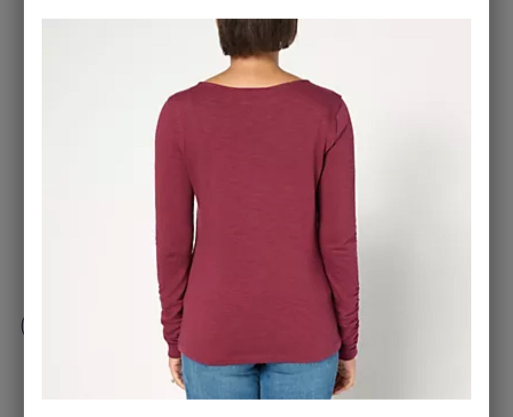 Peace Love World Boatneck Long Sleeve Tee with Sleeve Rouching