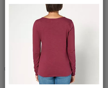 Peace Love World Boatneck Long Sleeve Tee with Sleeve Rouching