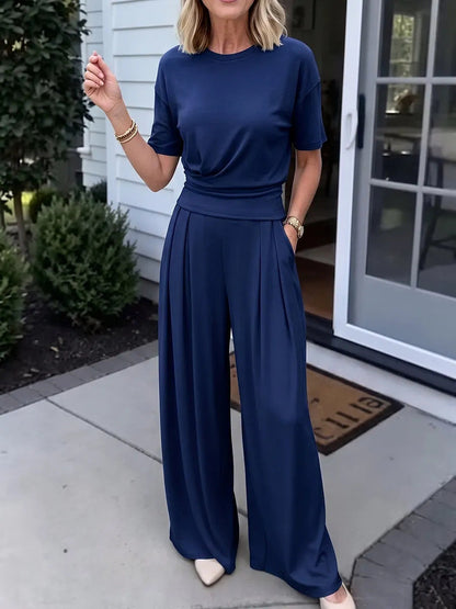 Women's Loose Crew-Neck T-Shirt & Wide-Leg Pants Two-Piece Set
