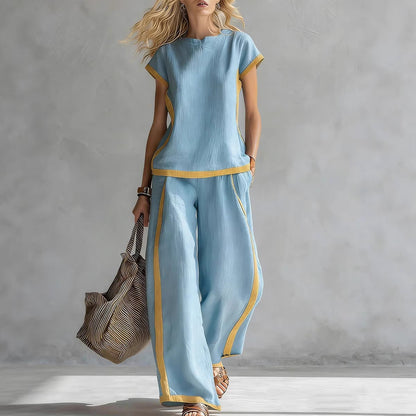 Solid Color Shirt & Wide-Leg Trousers Two-Piece Set