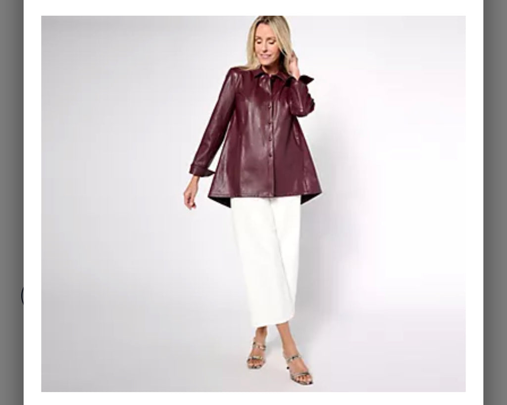 Dennis Basso Faux Leather Button Front Shirt. Black/X-Large.