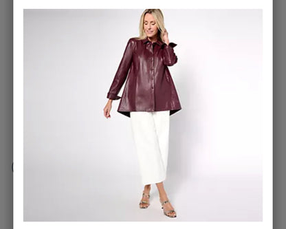 Dennis Basso Faux Leather Button Front Shirt. Black/X-Large.